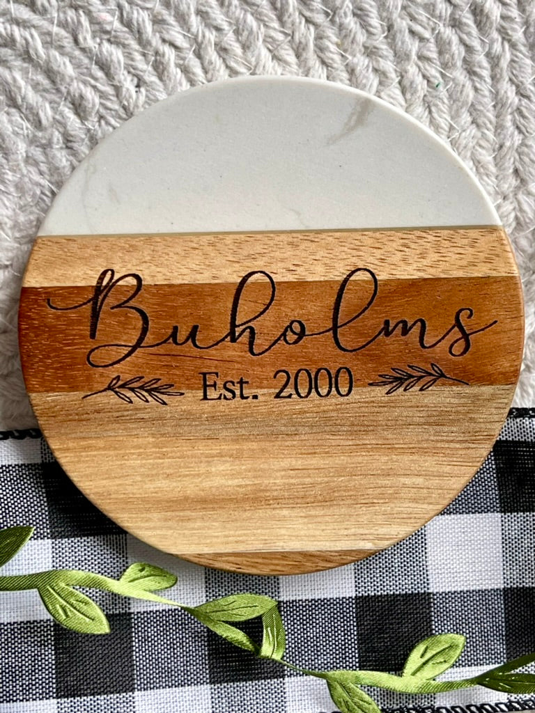 Personalized Engraved Acopa Marble and Acacia Wood Coasters, Gift For Wedding, Realtor Closing Gift