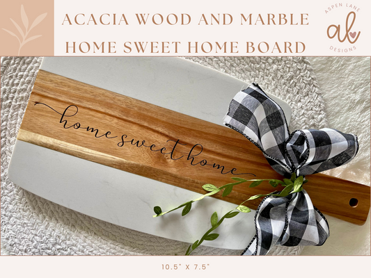 Custom Home Sweet Home or Welcome Home Engraved Acopa Marble and Acacia Wood Charcuterie Board, 10.5 " x 7.5"