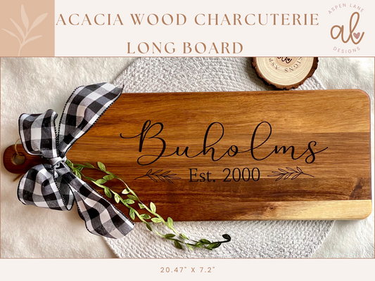 Engraved Acacia Charcuterie Long Serving Board, 20.47 x 7.20, Custom Cutting Board, Realtor Closing Gifts, Cheese Board, Wedding Gift