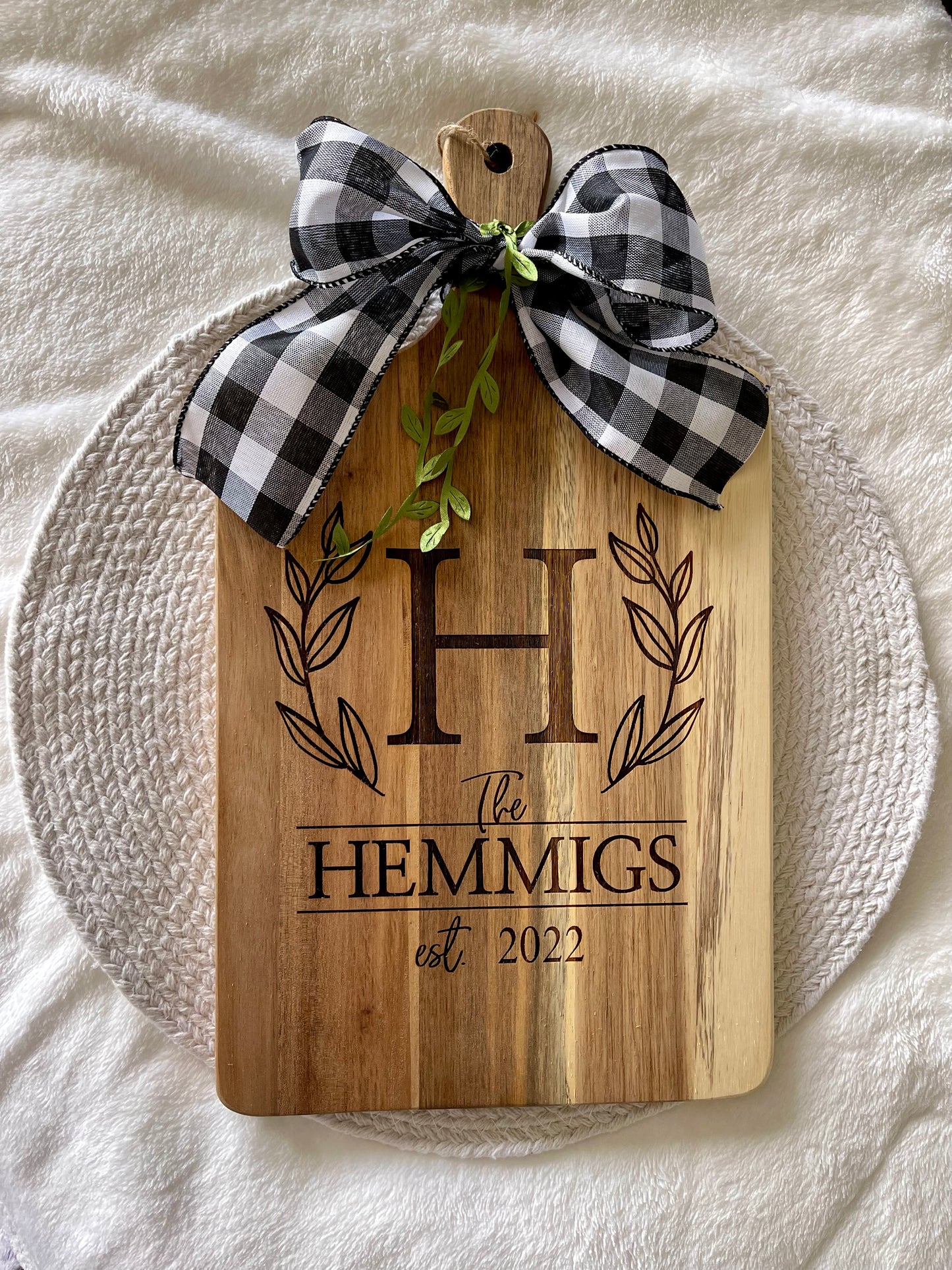 Engraved Acacia Charcuterie Board, Monogram, Established Last Name, Custom Cutting Board, Realtor Closing Gifts, Cheese Board, Wedding Gift, Serving Board 15.94 x 8.86