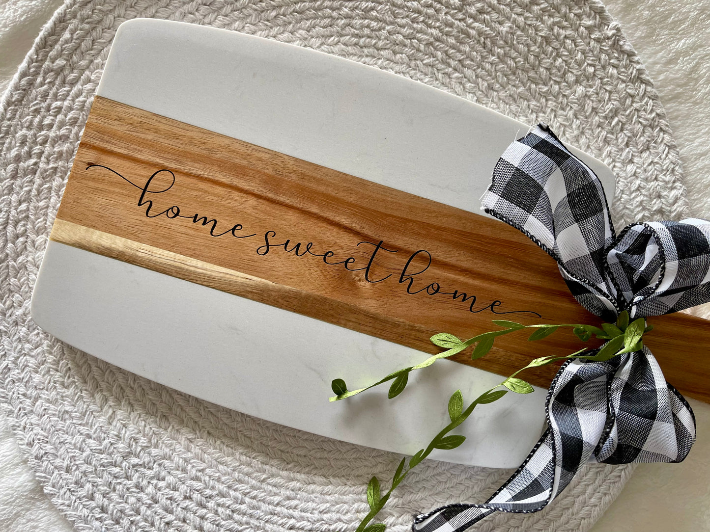 Custom Home Sweet Home or Welcome Home Engraved Acopa Marble and Acacia Wood Charcuterie Board, 10.5 " x 7.5"