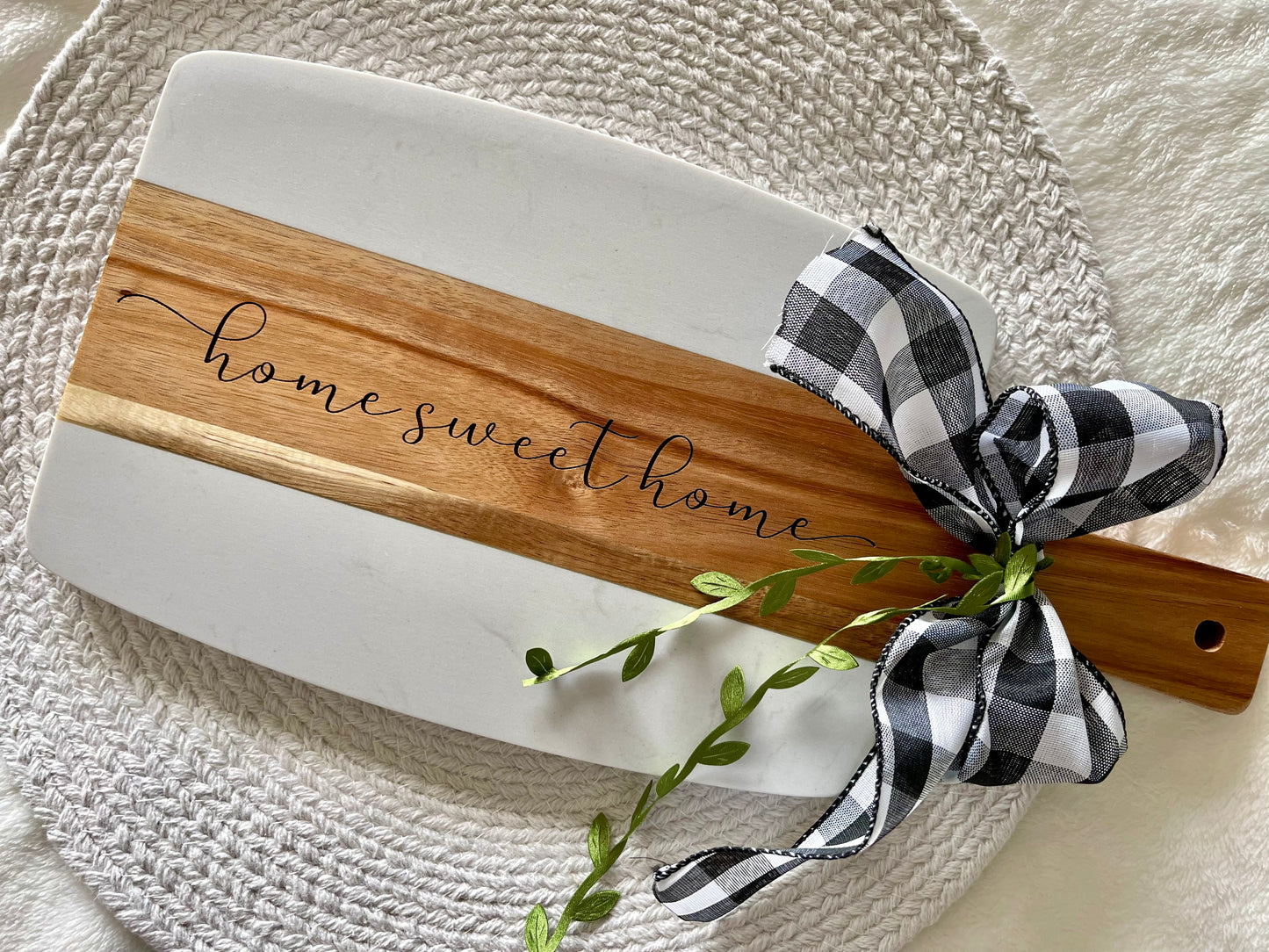 Custom Home Sweet Home or Welcome Home Engraved Acopa Marble and Acacia Wood Charcuterie Board, 10.5 " x 7.5"