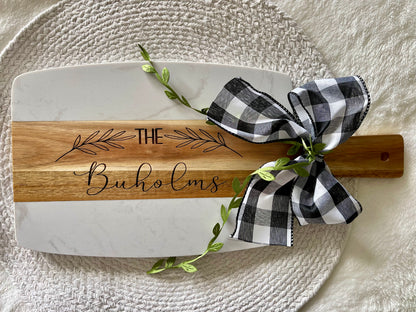 Engraved Acopa Marble & Acacia Charcuterie Board, Custom Cutting Board, Realtor Closing Gift, Wedding, New Homeowner Gift, Family Last Name