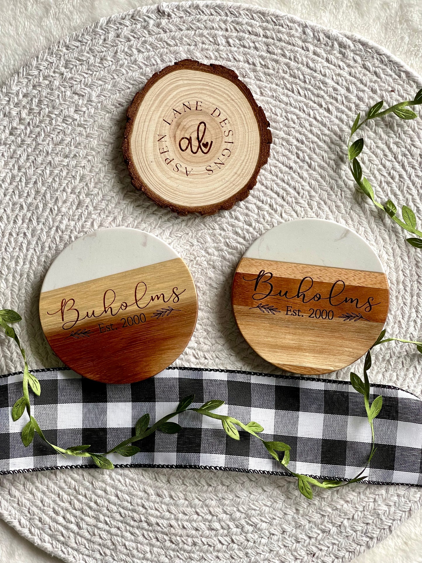 Personalized Engraved Acopa Marble and Acacia Wood Coasters, Gift For Wedding, Realtor Closing Gift