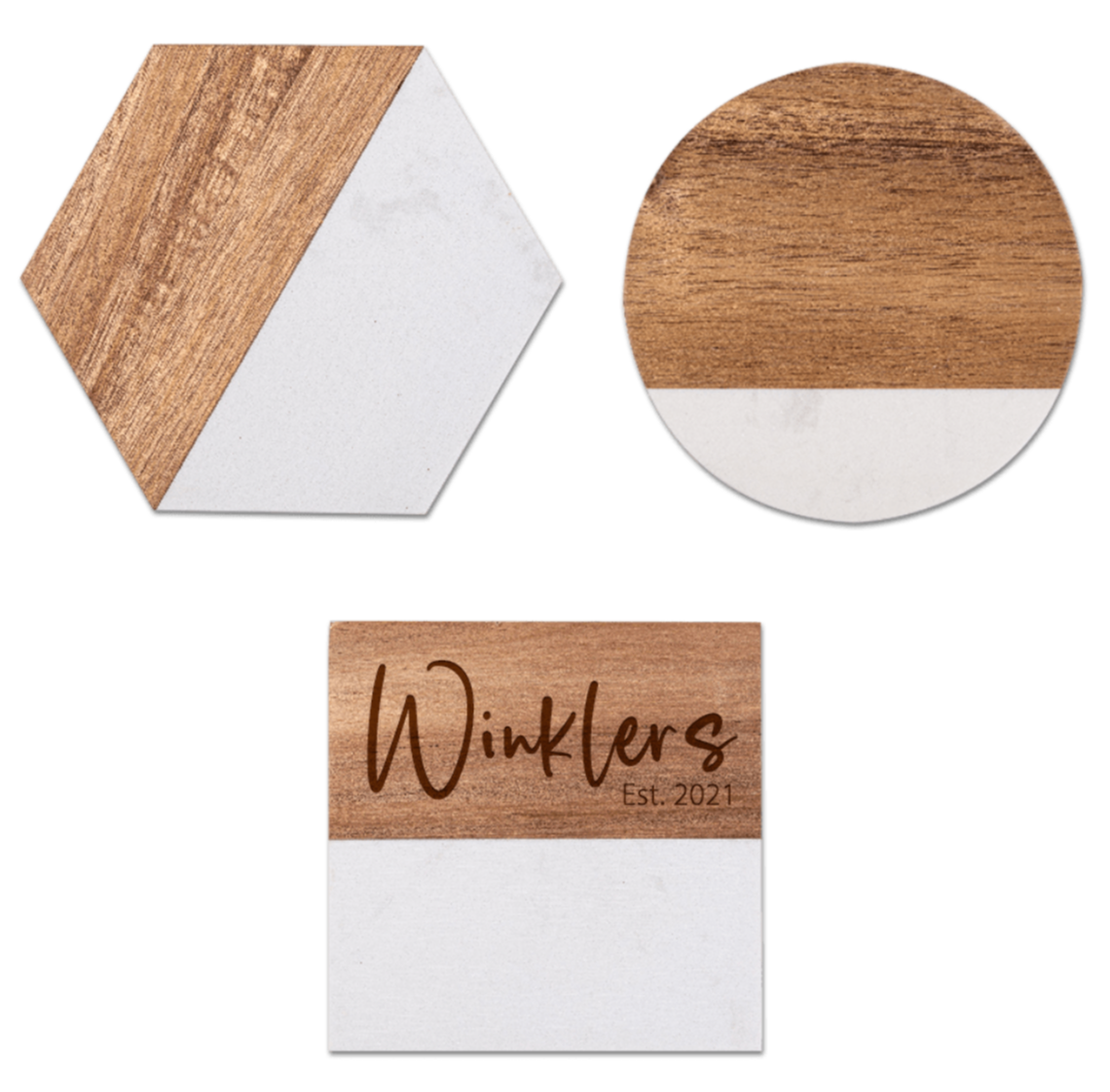 Personalized Engraved Acopa Marble and Acacia Wood Coasters, Gift For Wedding, Realtor Closing Gift