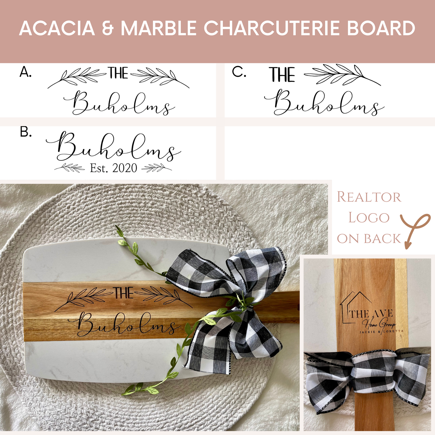 Engraved Acopa Marble & Acacia Charcuterie Board, Custom Cutting Board, Realtor Closing Gift, Wedding, New Homeowner Gift, Family Last Name