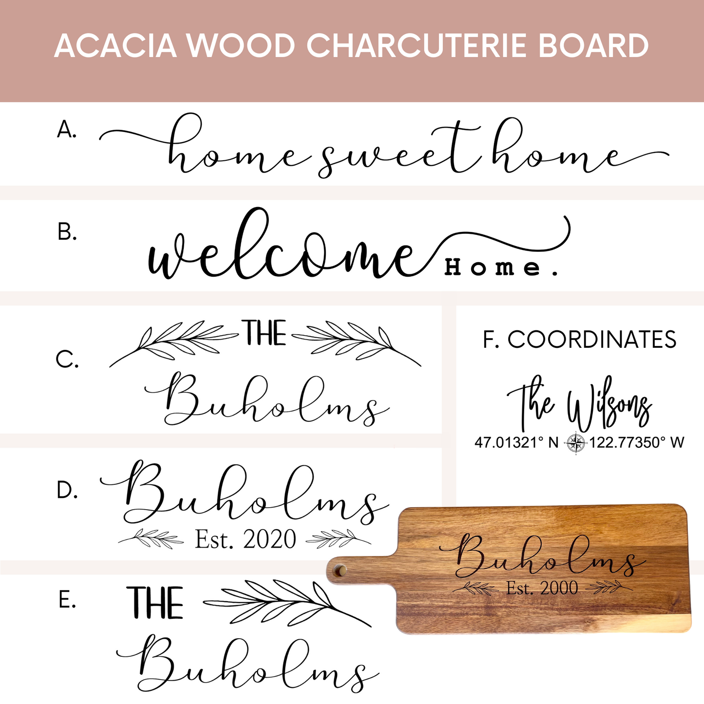 Engraved Acacia Charcuterie Long Serving Board, 20.47 x 7.20, Custom Cutting Board, Realtor Closing Gifts, Cheese Board, Wedding Gift