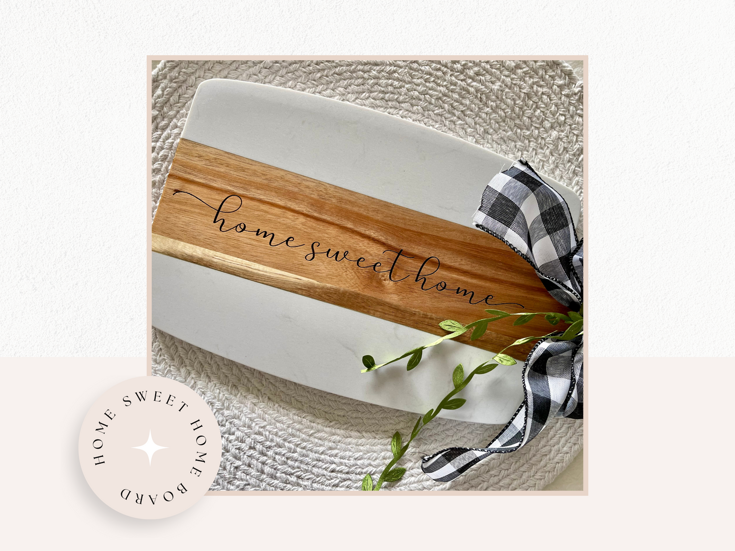 Custom Home Sweet Home or Welcome Home Engraved Acopa Marble and Acacia Wood Charcuterie Board, 10.5 " x 7.5"